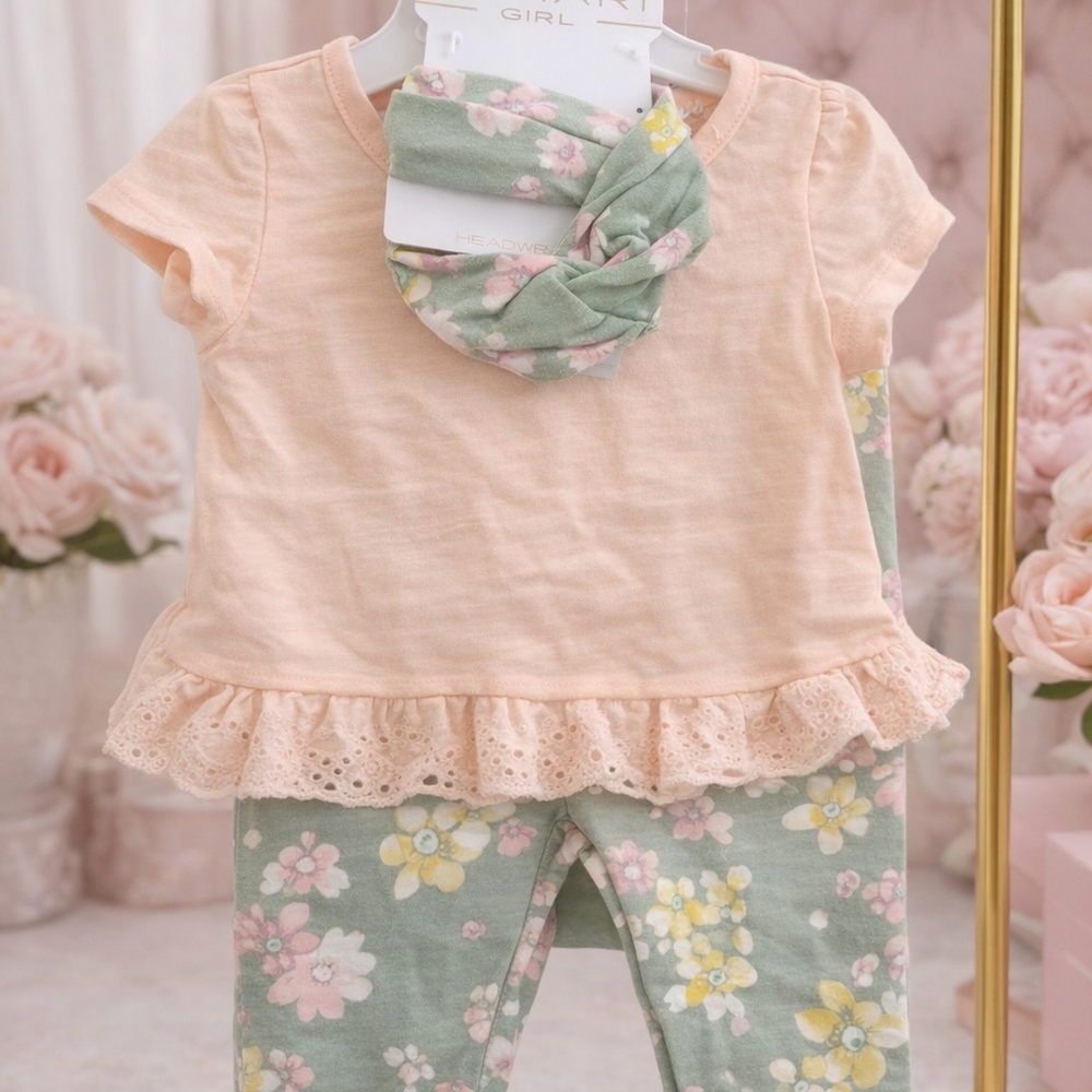 Peach & Sage Floral Kids Matching Set with Headband